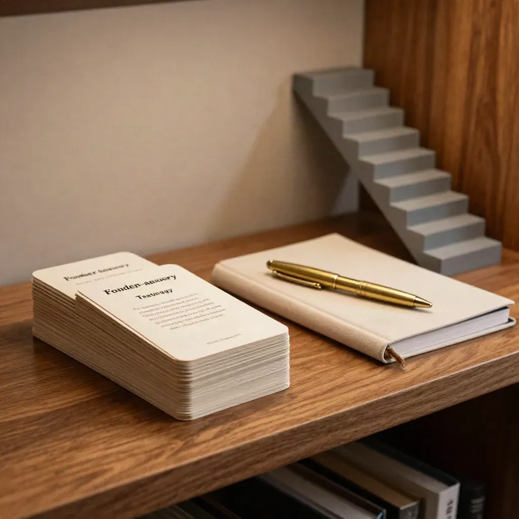 Advisory toolkit on an oak shelf with cards, notebook, brass pen, and staircase model