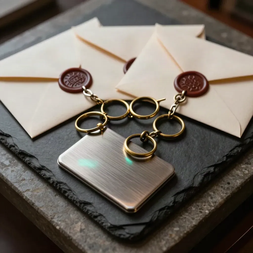 Three sealed ivory envelopes, brass rings, and a metal card case on a dark tray with teal reflections.