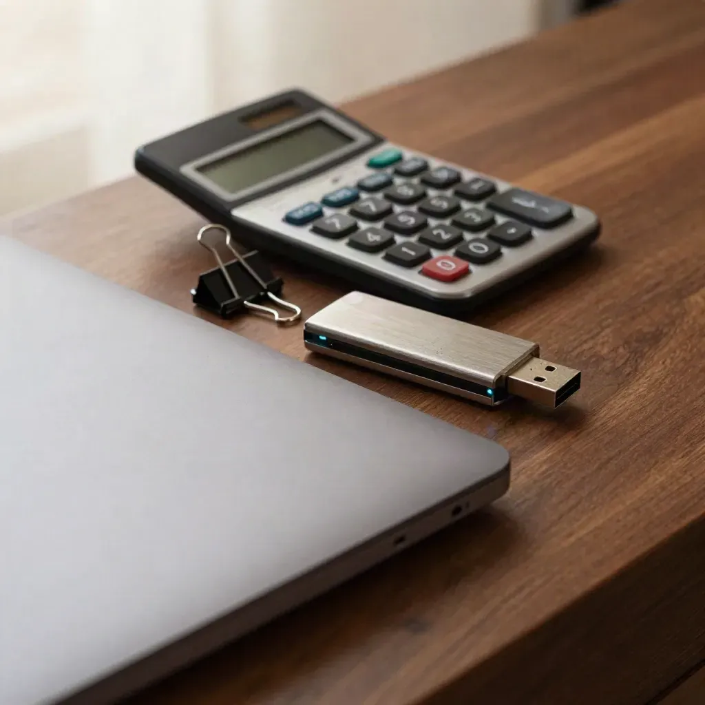 Macro still life of a closed laptop, calculator, USB drive and binder clip on walnut wood.