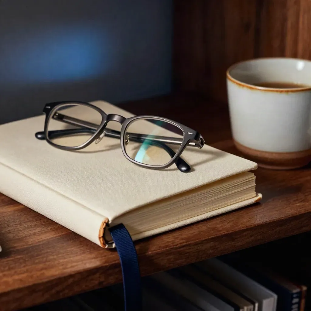 Founder adviser tools on a shelf: notebook, glasses, cup, and strategy cards.