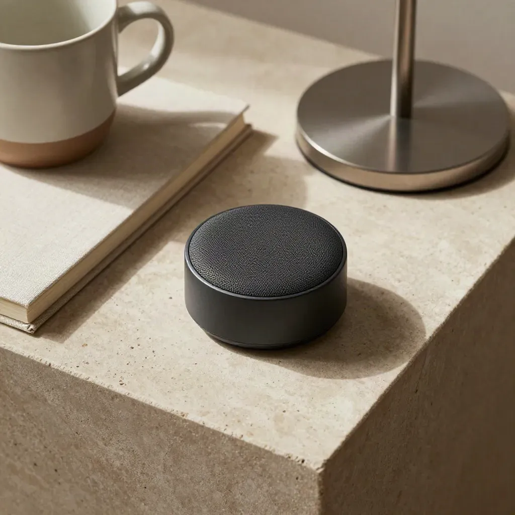 Top-down still life of a speakerphone puck, notebook, lamp base and coffee ring on a stone table.