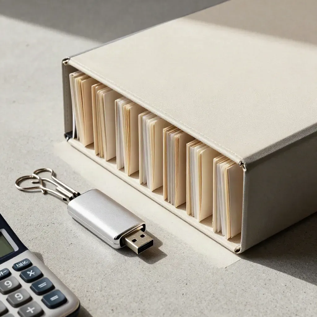 Tabbed binders, USB drive, binder clip and calculator on brushed concrete in soft side light.