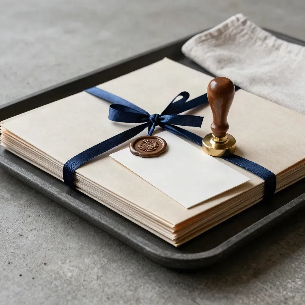 Tray with sealed folders, wax seal and key card on concrete, softly lit.