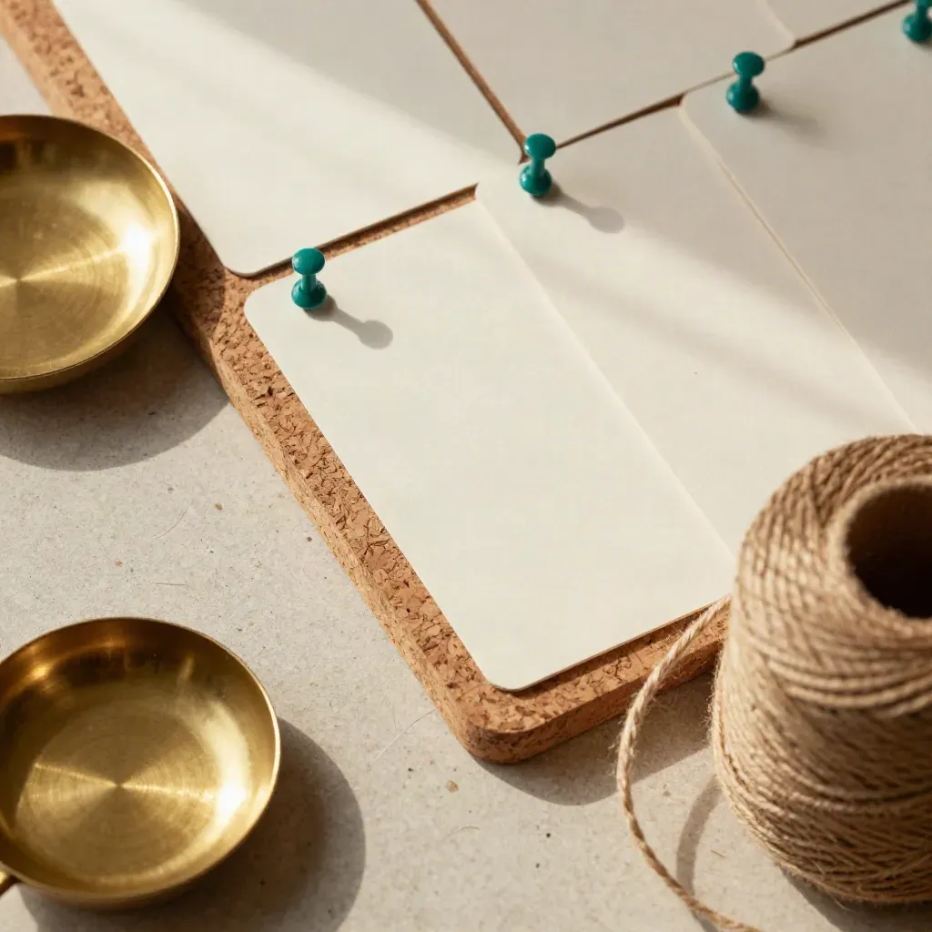 Overhead flatlay of cork board, teal pins, blank cards, brass dish and twine.