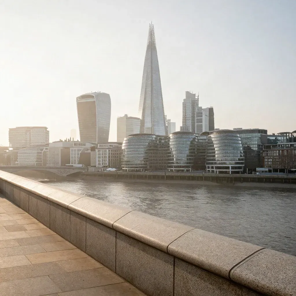 Misty dawn over the City of London skyline from a rooftop, with the Thames bend below.