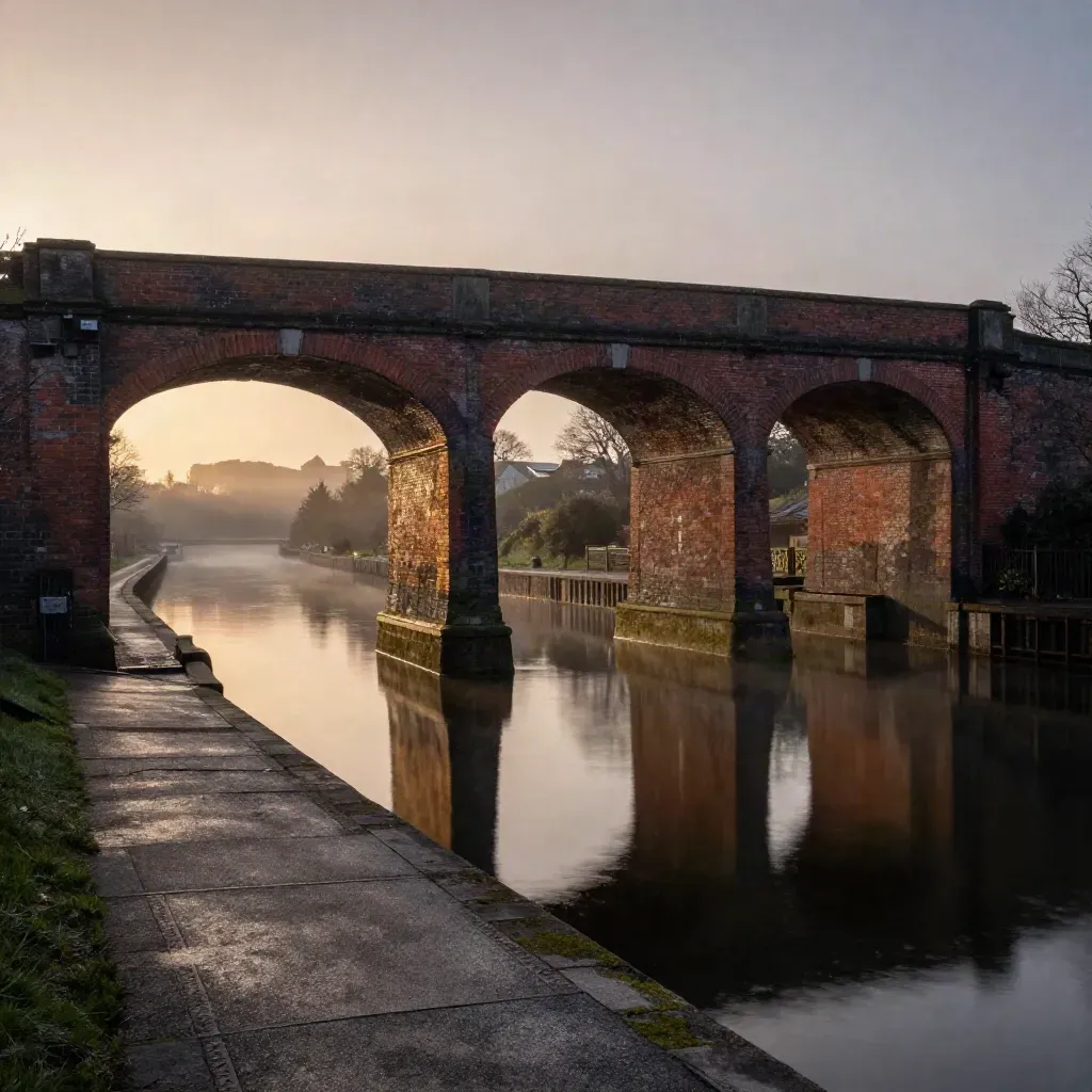 Redbrick viaducts and canal basins glowing at sunset over a hazy North West skyline.